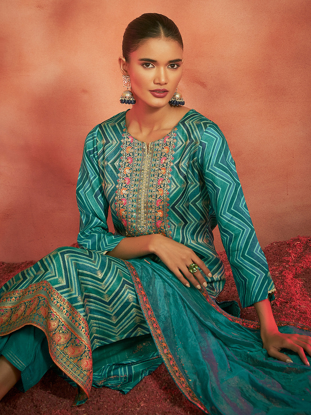 Turquoise Tissue Silk Chevron Jacquard Straight Kurta Set