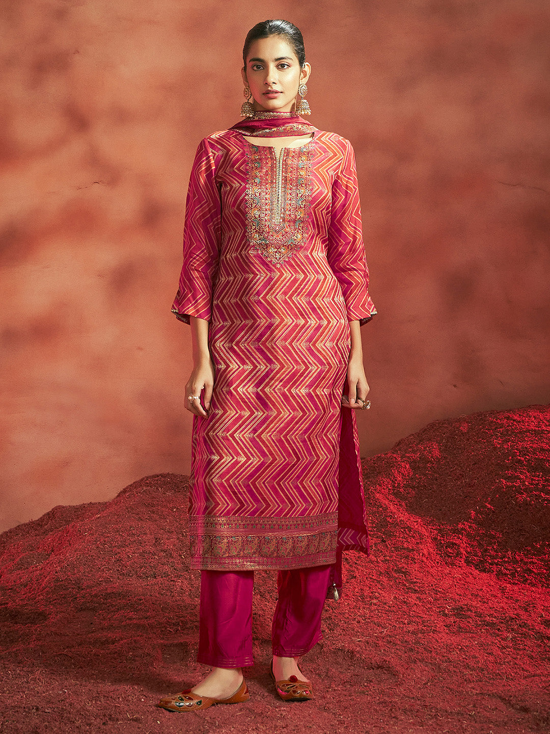 Red Tissue Silk Chevron Jacquard Straight Kurta Set