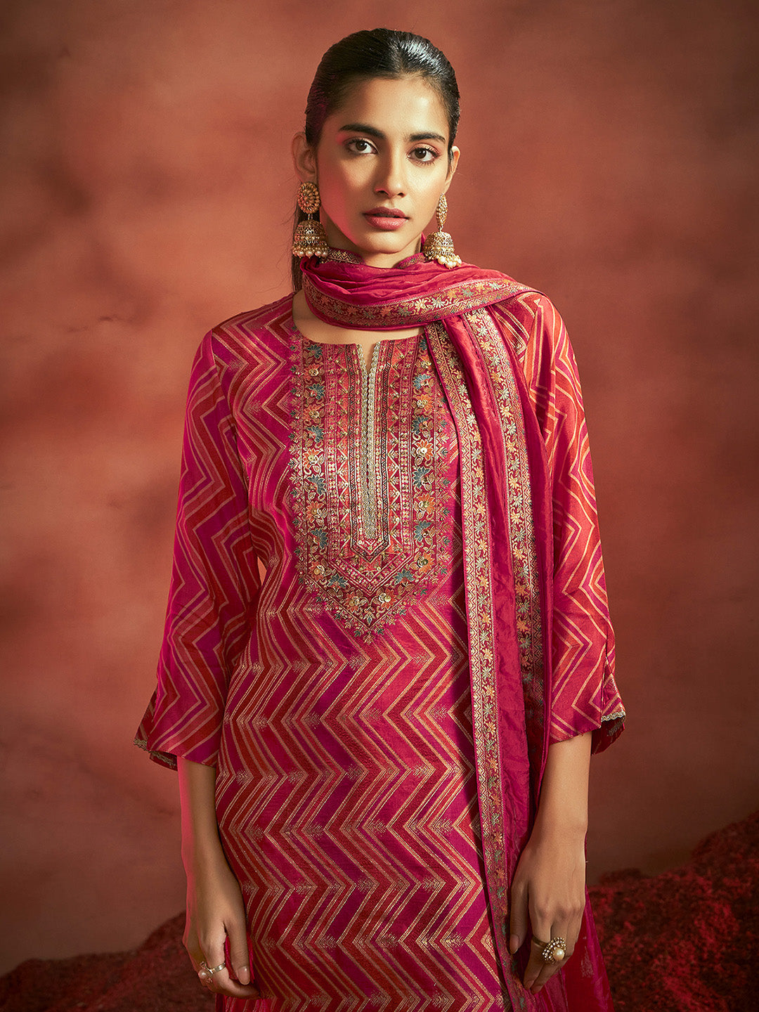 Red Tissue Silk Chevron Jacquard Straight Kurta Set