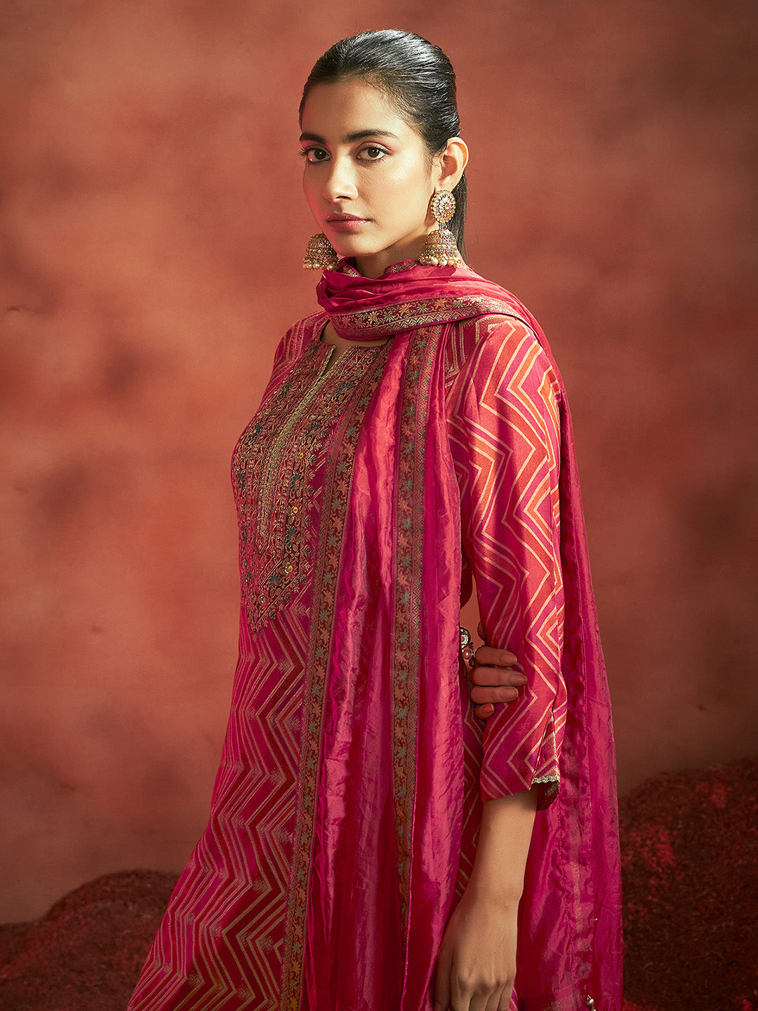 Red Tissue Silk Chevron Jacquard Straight Kurta Set