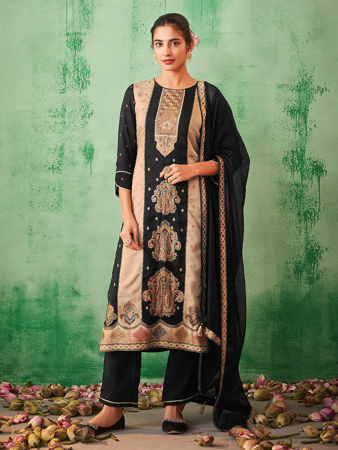 Black Silk Blend Jacquard Straight Kurta Set