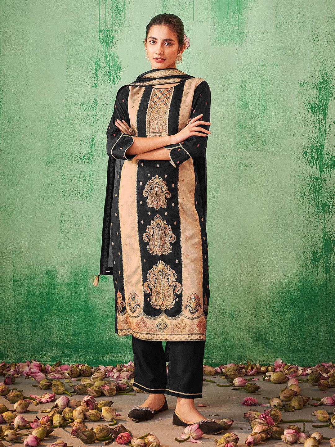 Black Silk Blend Jacquard Straight Kurta Set