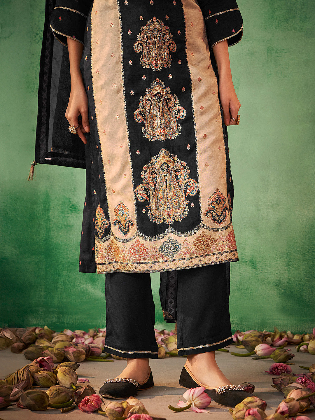 Black Silk Blend Jacquard Straight Kurta Set