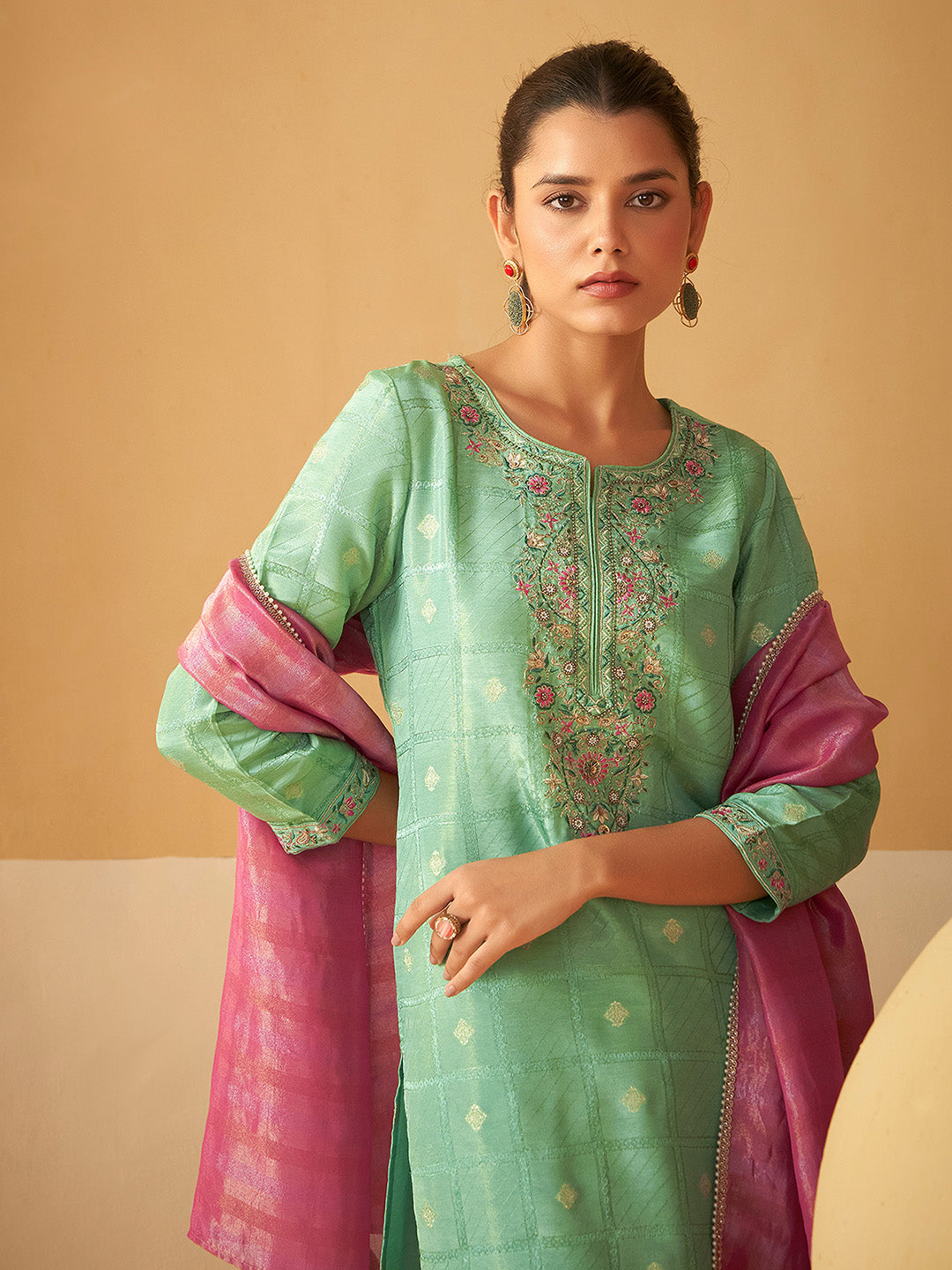 Light Green Tissue Silk Brocade Embroidered Straight Kurta Set