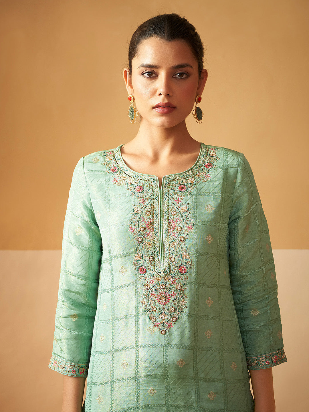 Light Green Tissue Silk Brocade Embroidered Straight Kurta Set