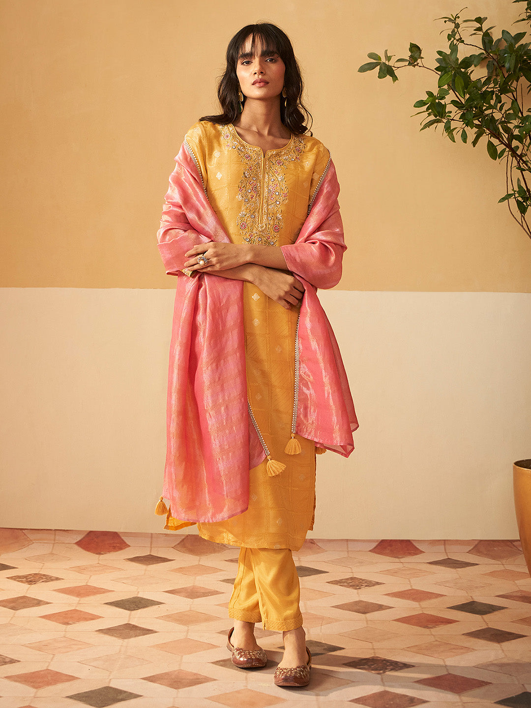 Mustard Tissue Silk Embroidered Brocade Straight Kurta Set