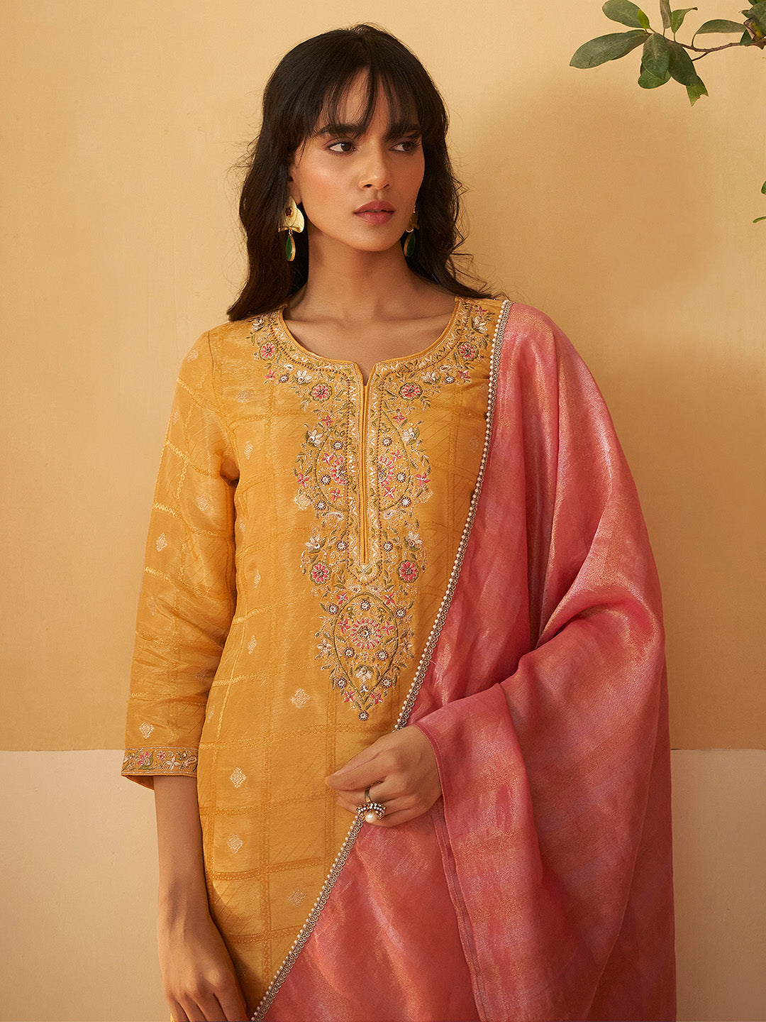 Mustard Tissue Silk Embroidered Brocade Straight Kurta Set