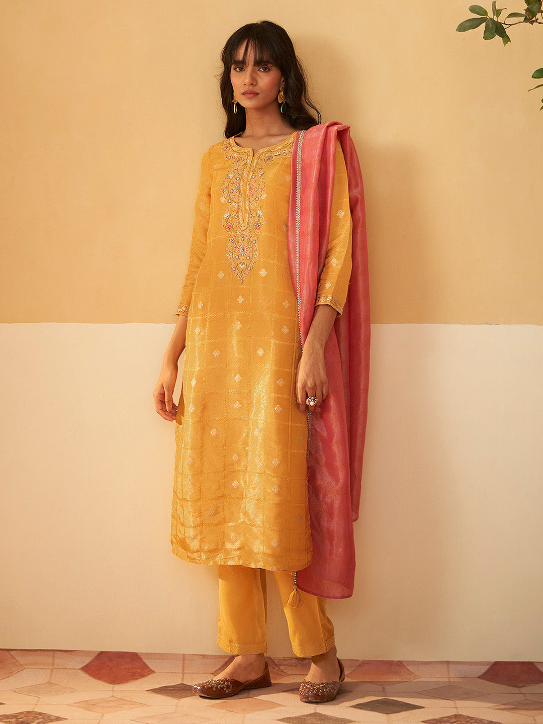 Mustard Tissue Silk Embroidered Brocade Straight Kurta Set