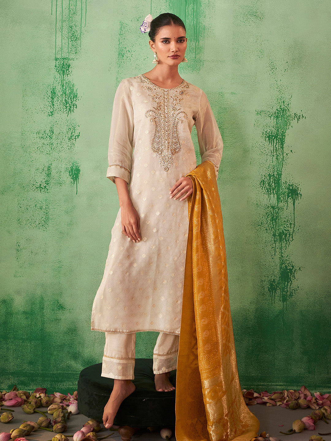 Cream Tissue Silk Jacquard Handwork Straight Kurta Set