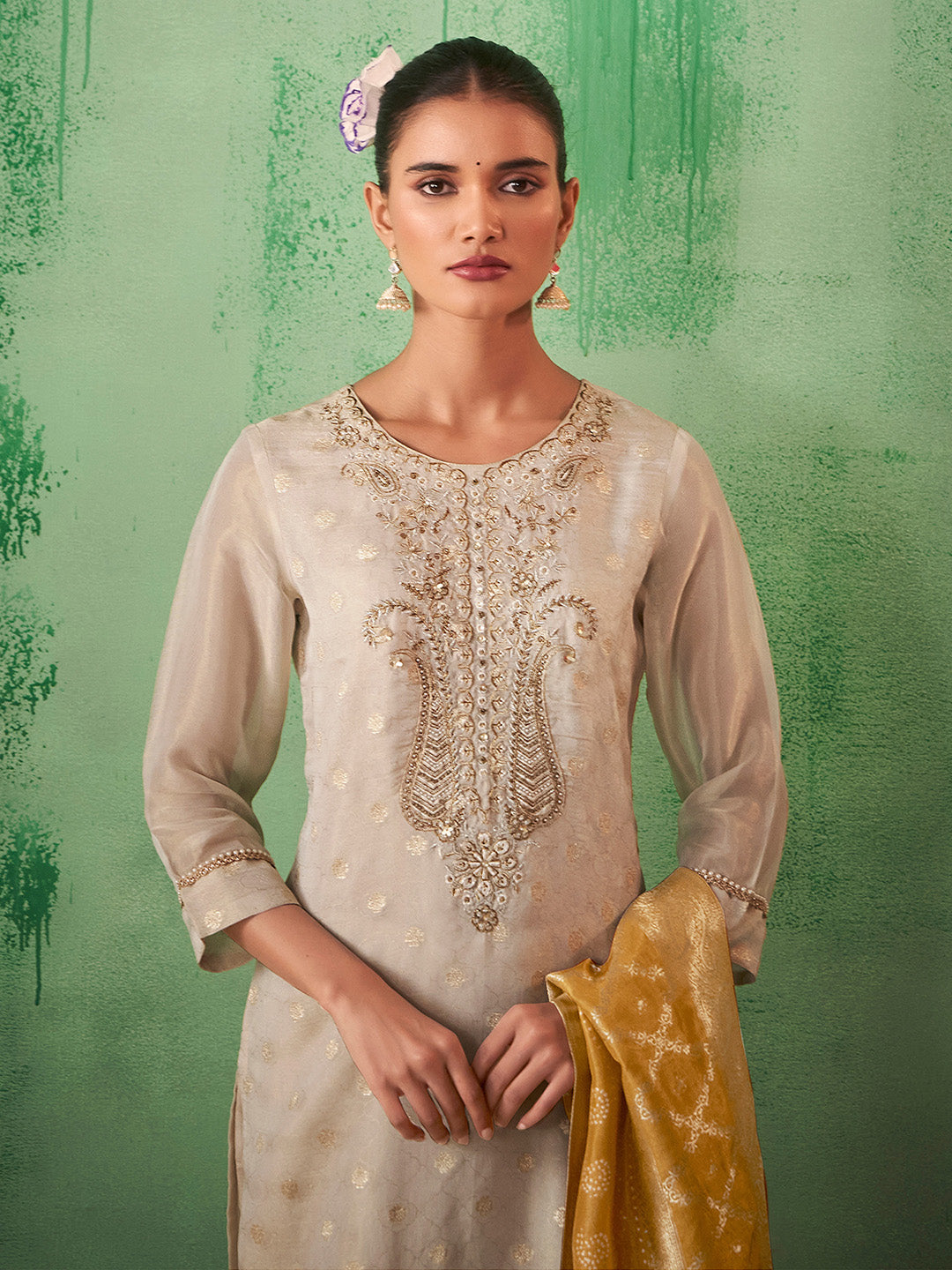 Cream Tissue Silk Jacquard Handwork Straight Kurta Set