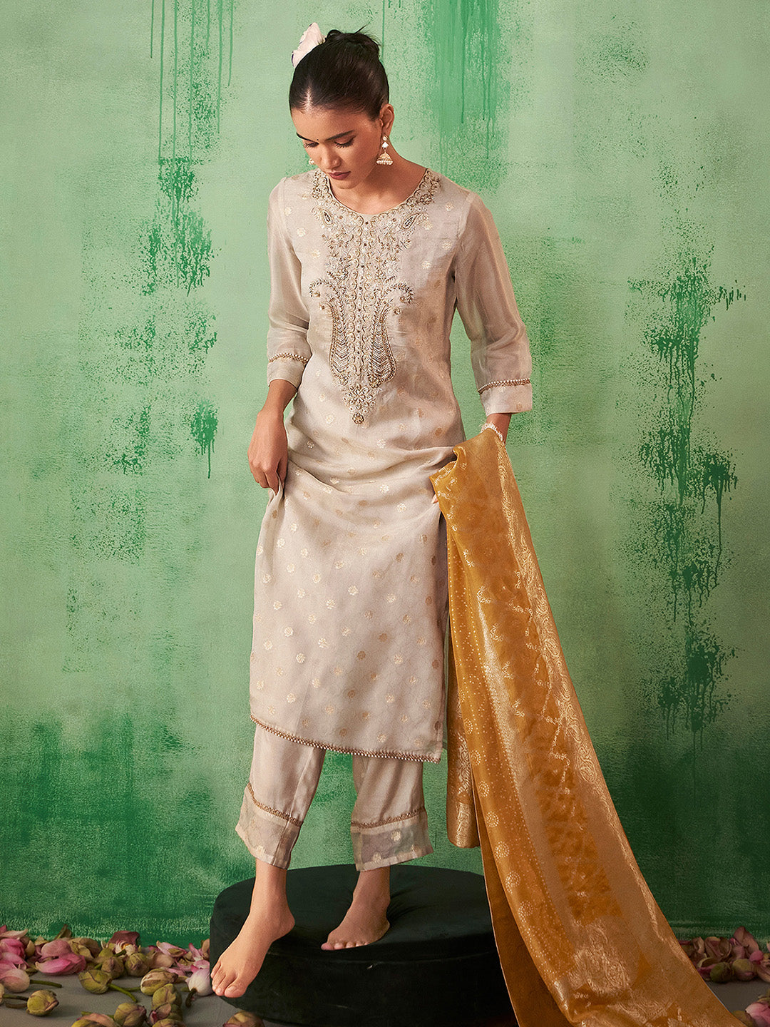 Cream Tissue Silk Jacquard Handwork Straight Kurta Set