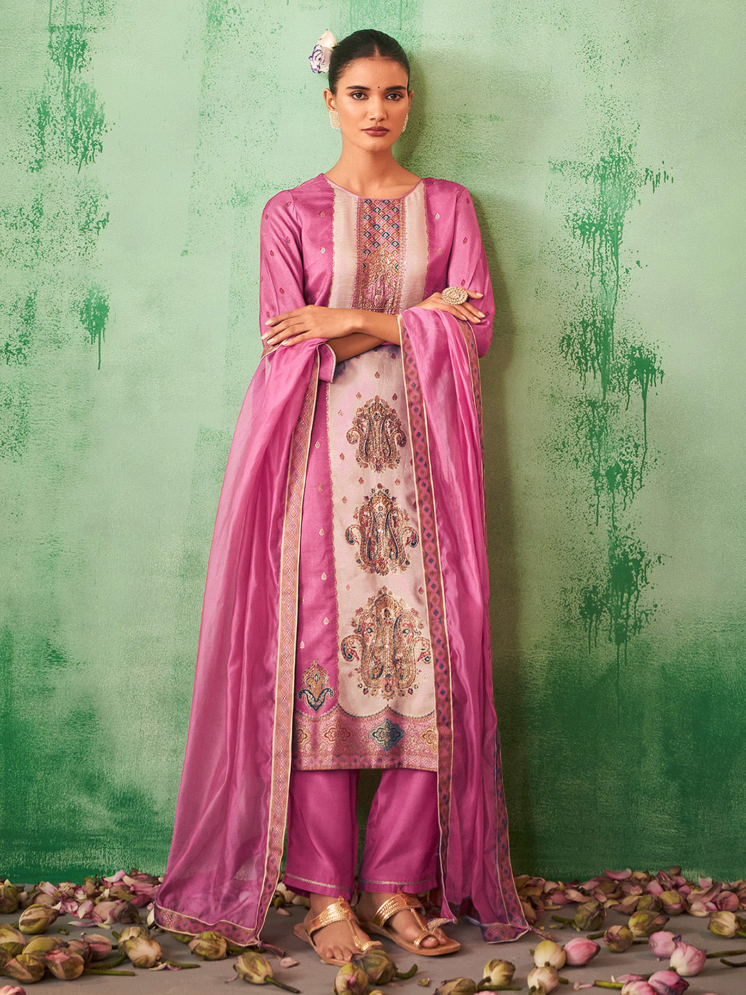 Pink Silk Blend Jacquard Straight Kurta Set