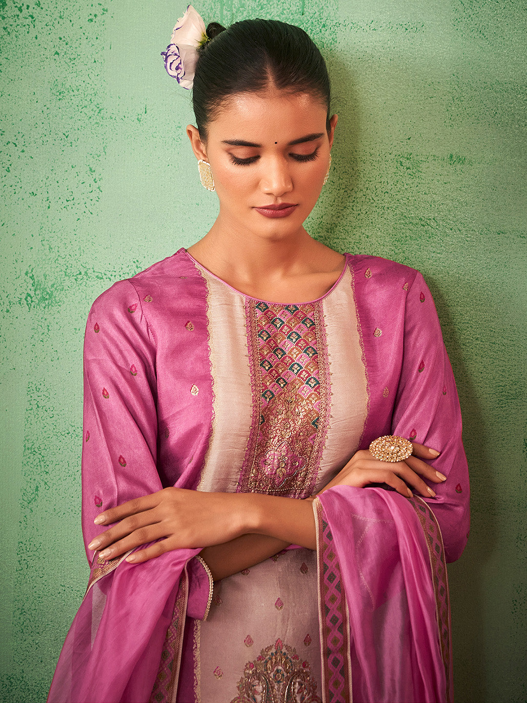 Pink Silk Blend Jacquard Straight Kurta Set