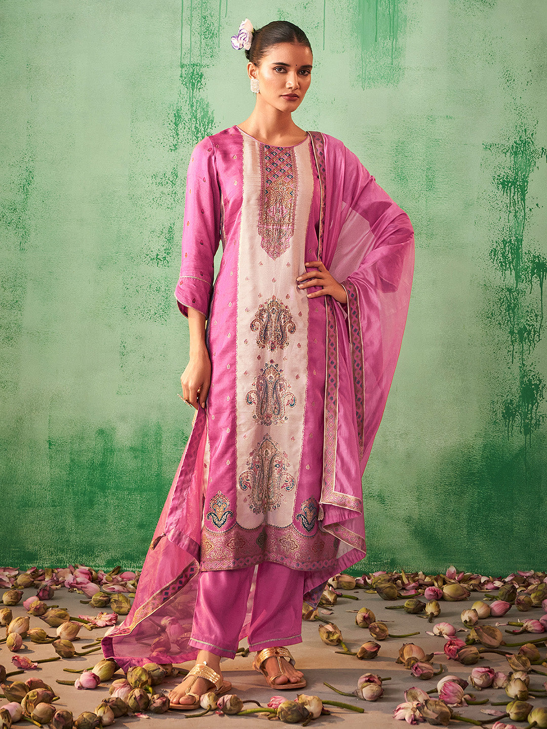 Pink Silk Blend Jacquard Straight Kurta Set