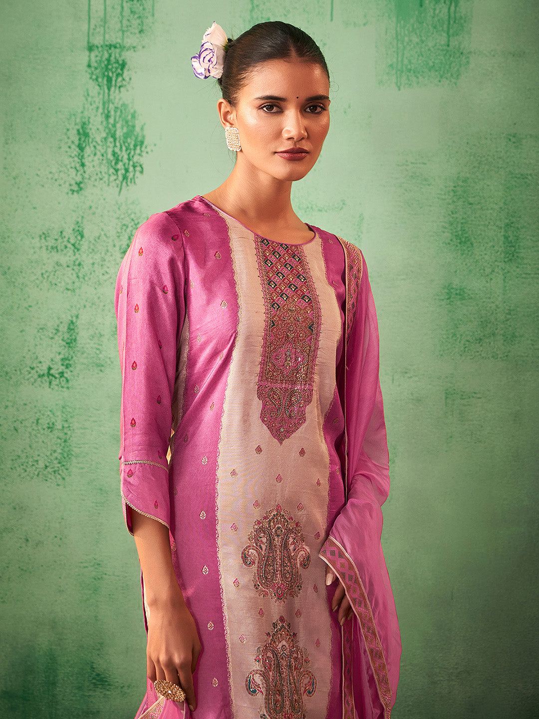 Pink Silk Blend Jacquard Straight Kurta Set