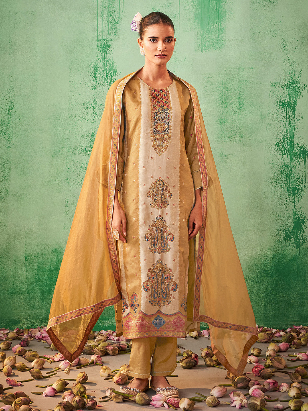 Beige Silk Blend Jacquard Straight Kurta Set