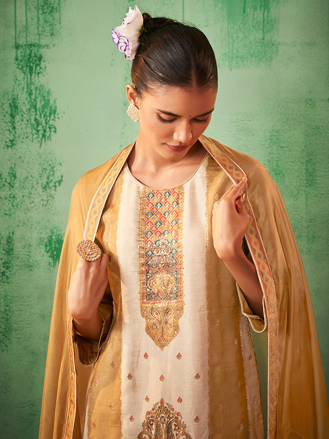 Beige Silk Blend Jacquard Straight Kurta Set