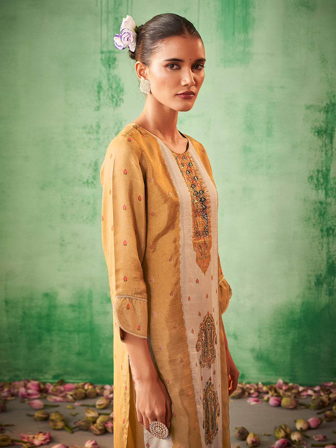 Beige Silk Blend Jacquard Straight Kurta Set