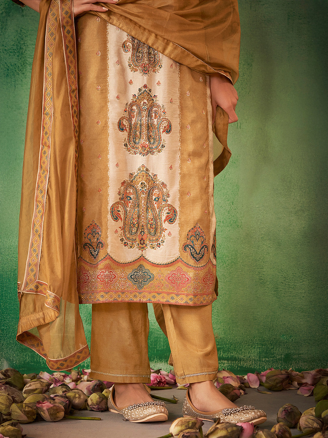 Beige Silk Blend Jacquard Straight Kurta Set