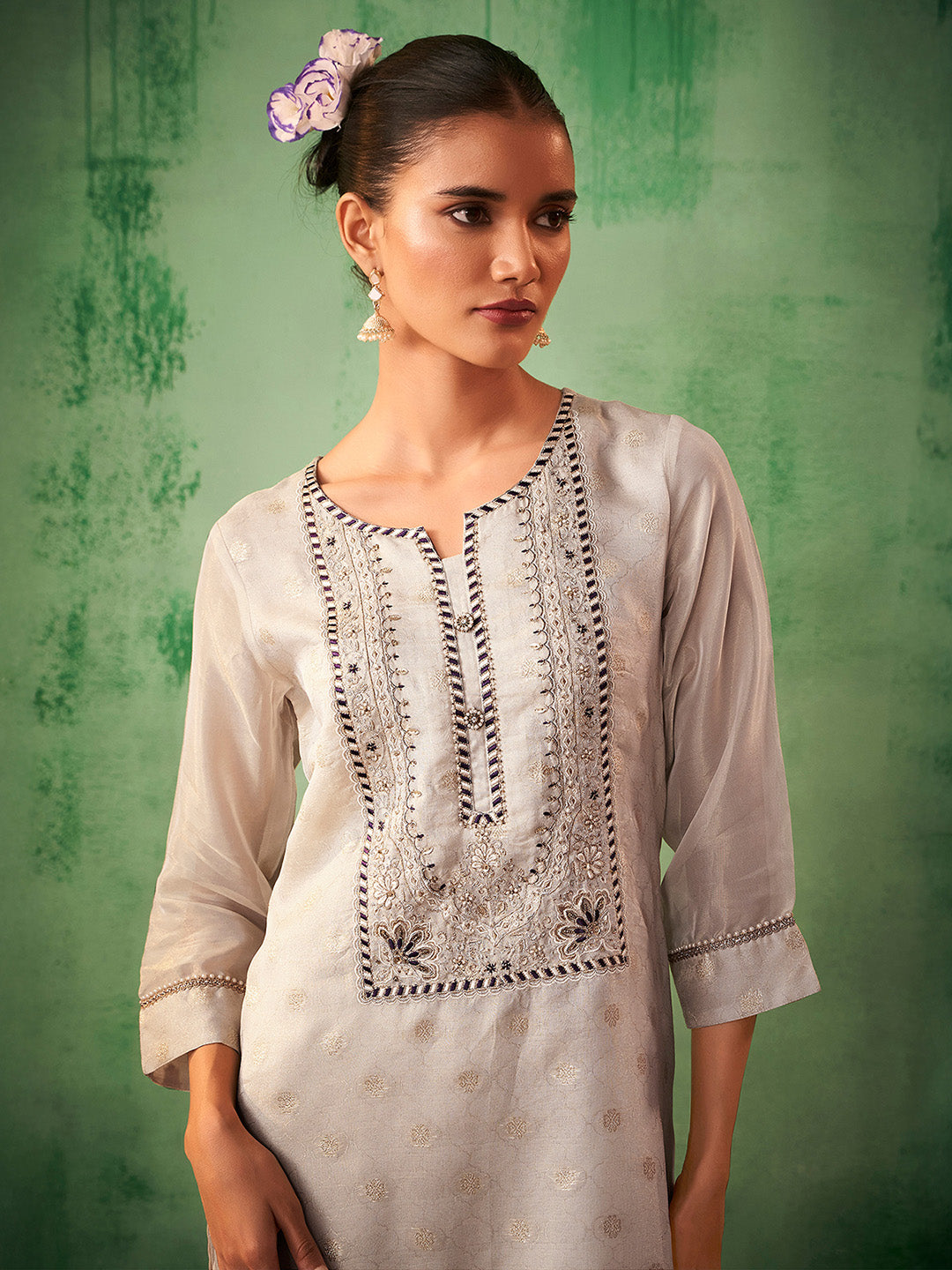 Cream Tissue Silk Jacquard Handwork Straight Kurta Set