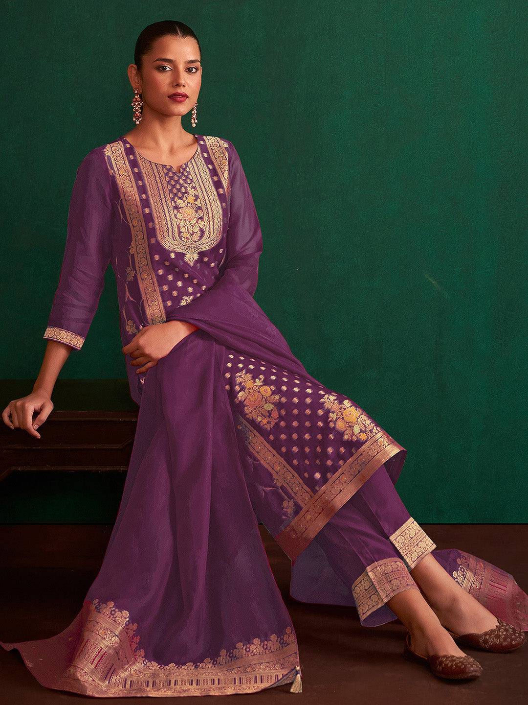 Purple Organza Jacquard Straight Kurta Set