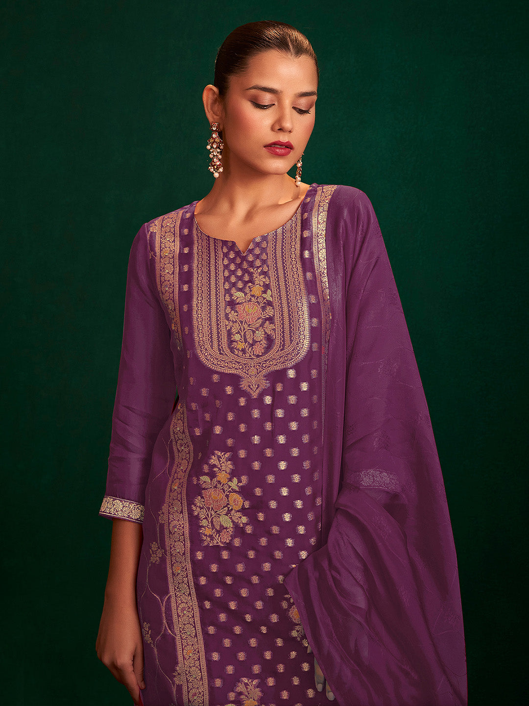 Purple Organza Jacquard Straight Kurta Set