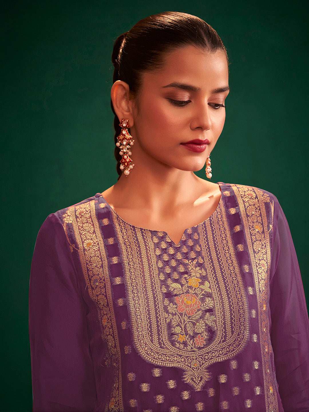 Purple Organza Jacquard Straight Kurta Set