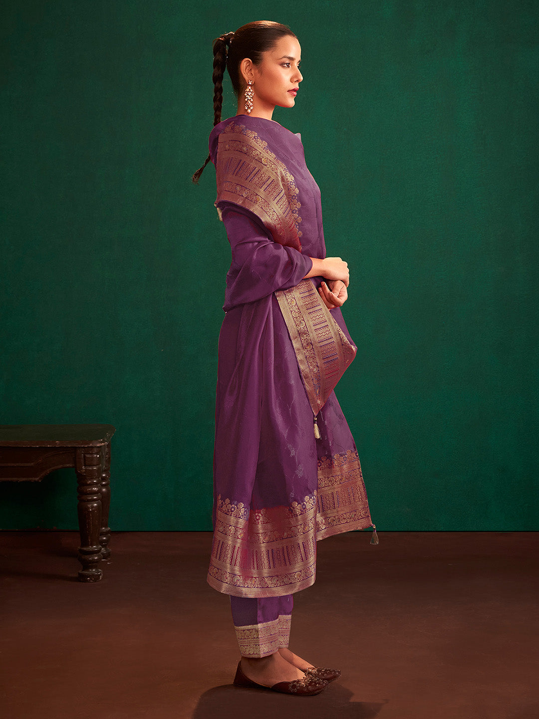 Purple Organza Jacquard Straight Kurta Set