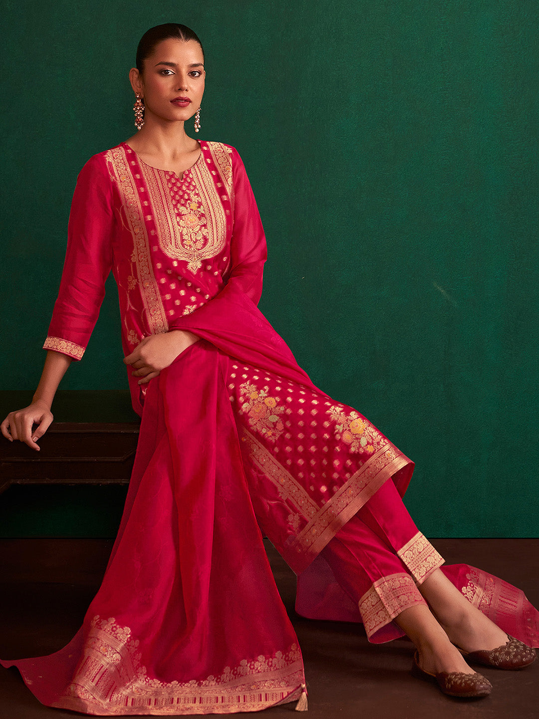 Red Silk Blend Jacquard Straight Kurta Set