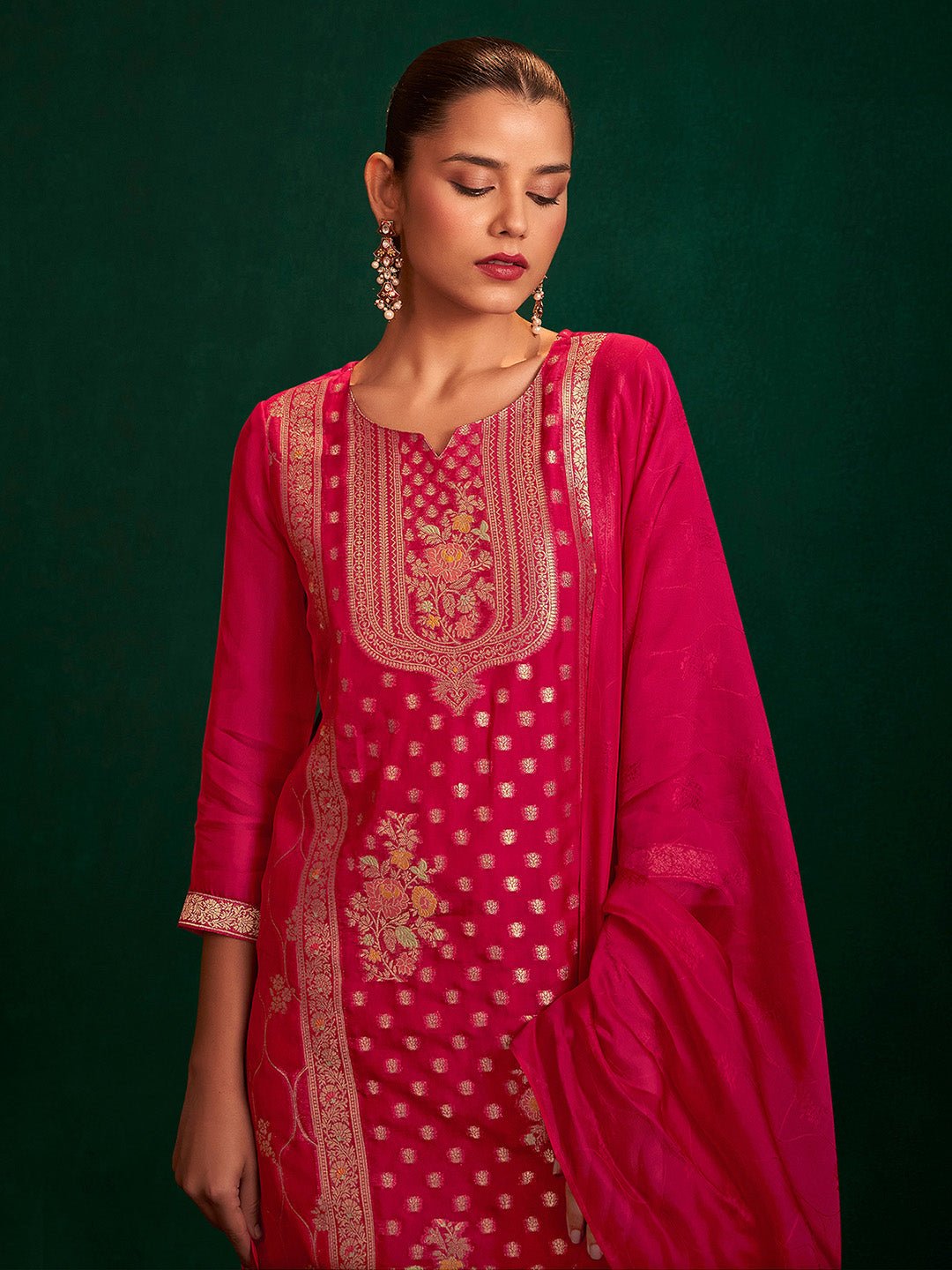 Red Silk Blend Jacquard Straight Kurta Set