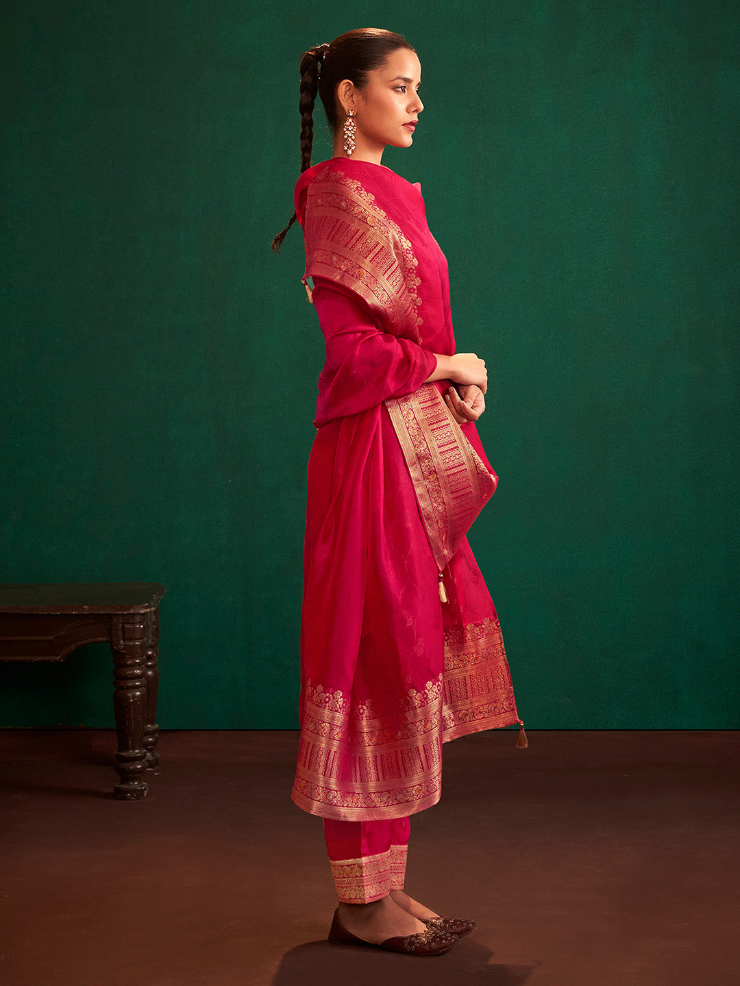 Red Silk Blend Jacquard Straight Kurta Set