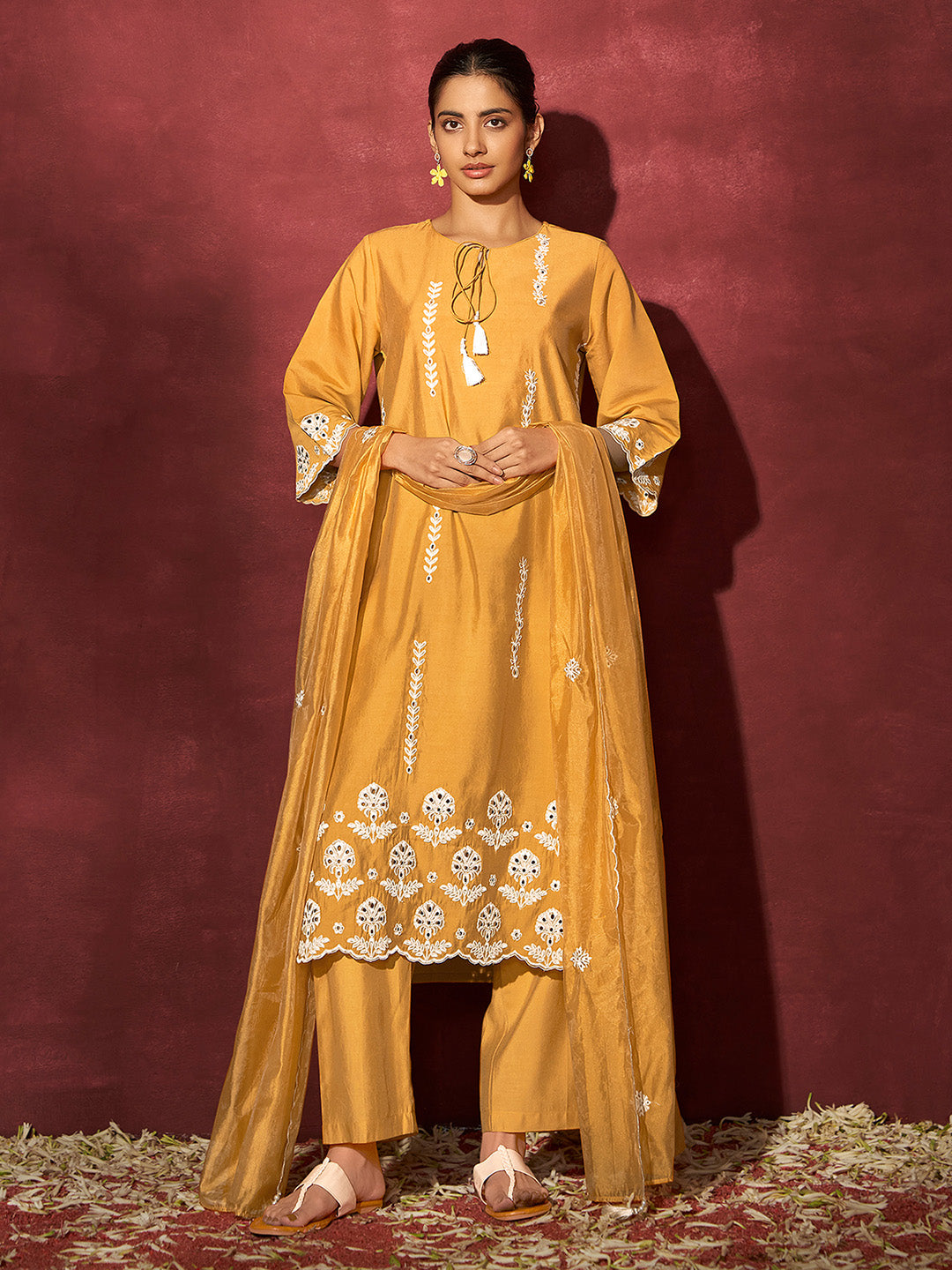 Mustard Silk Blend Schiffli Embroidered Straight Kurta Set