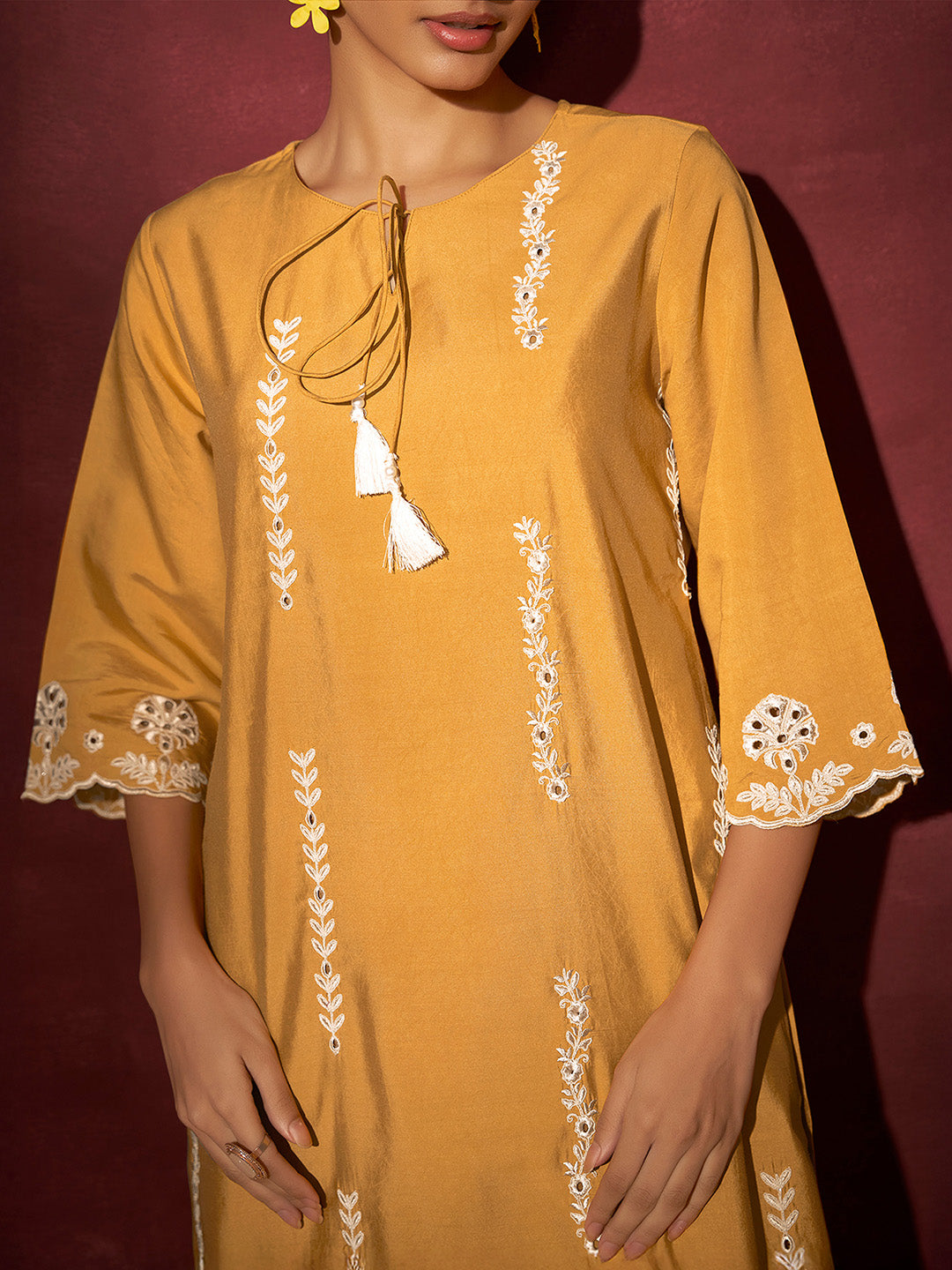 Mustard Silk Blend Schiffli Embroidered Straight Kurta Set