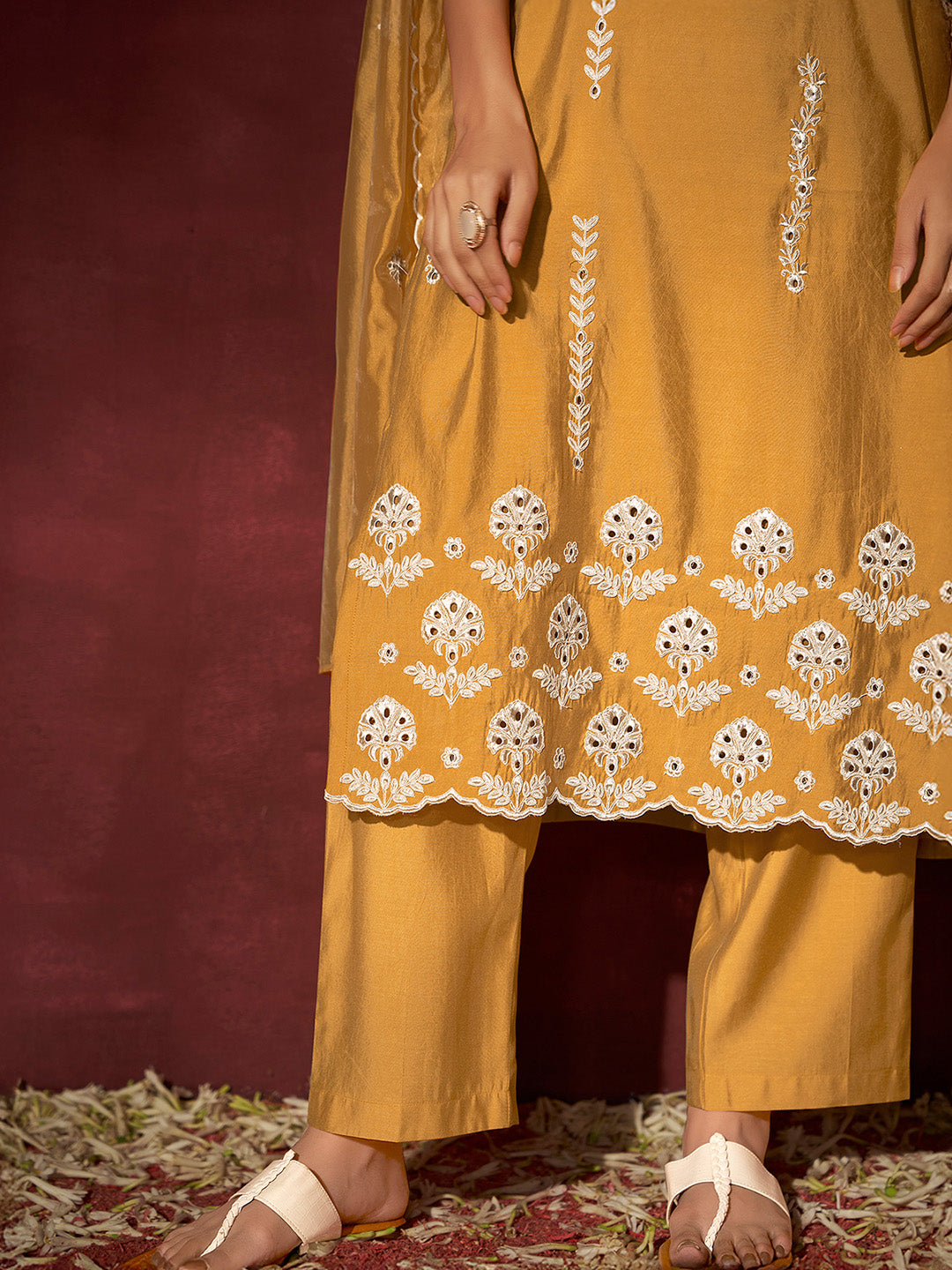 Mustard Silk Blend Schiffli Embroidered Straight Kurta Set