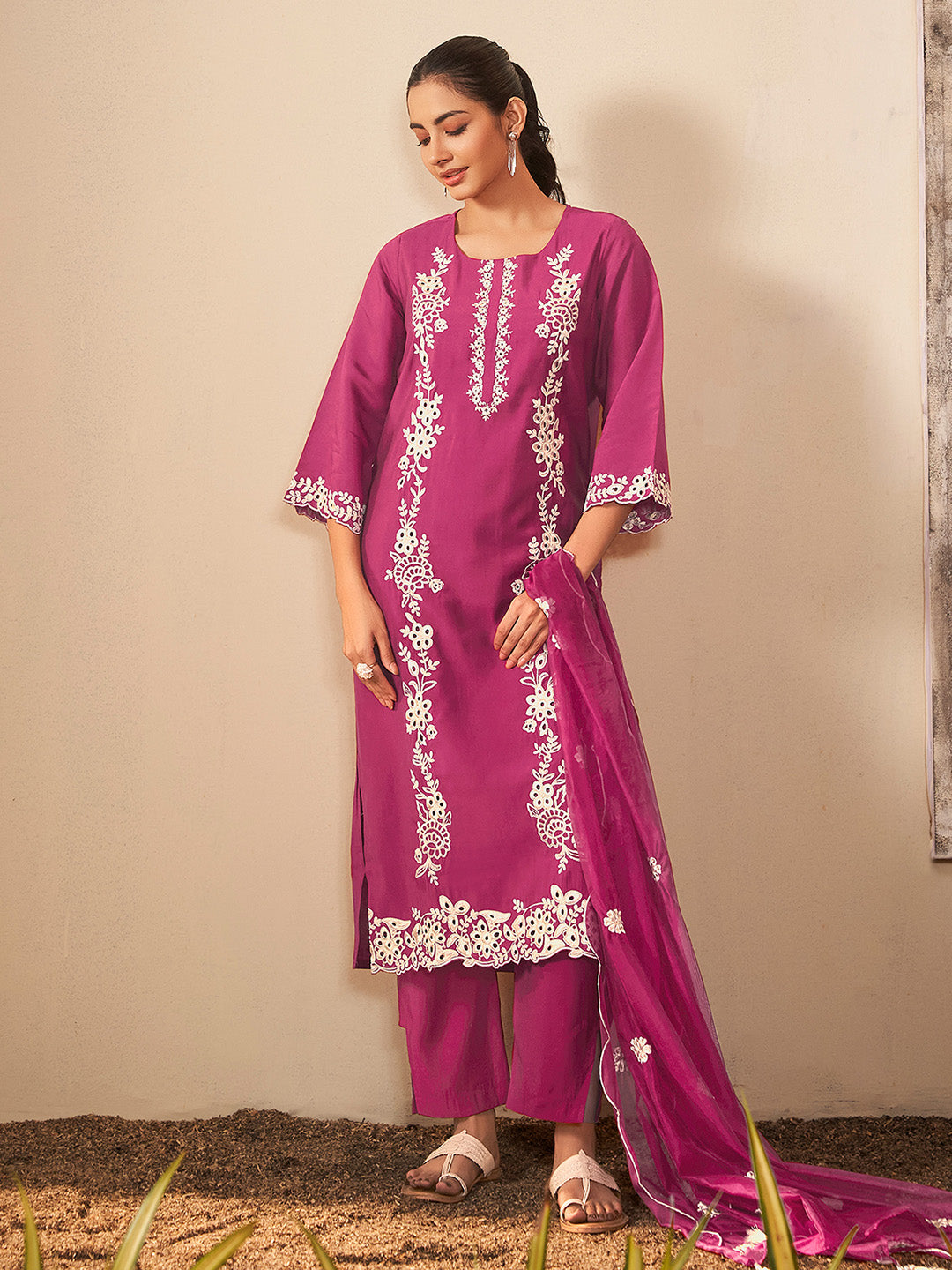 Magenta Silk Blend Schiffli Embroidered Straight Kurta Set