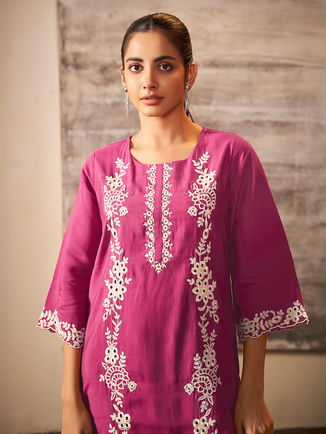 Magenta Silk Blend Schiffli Embroidered Straight Kurta Set