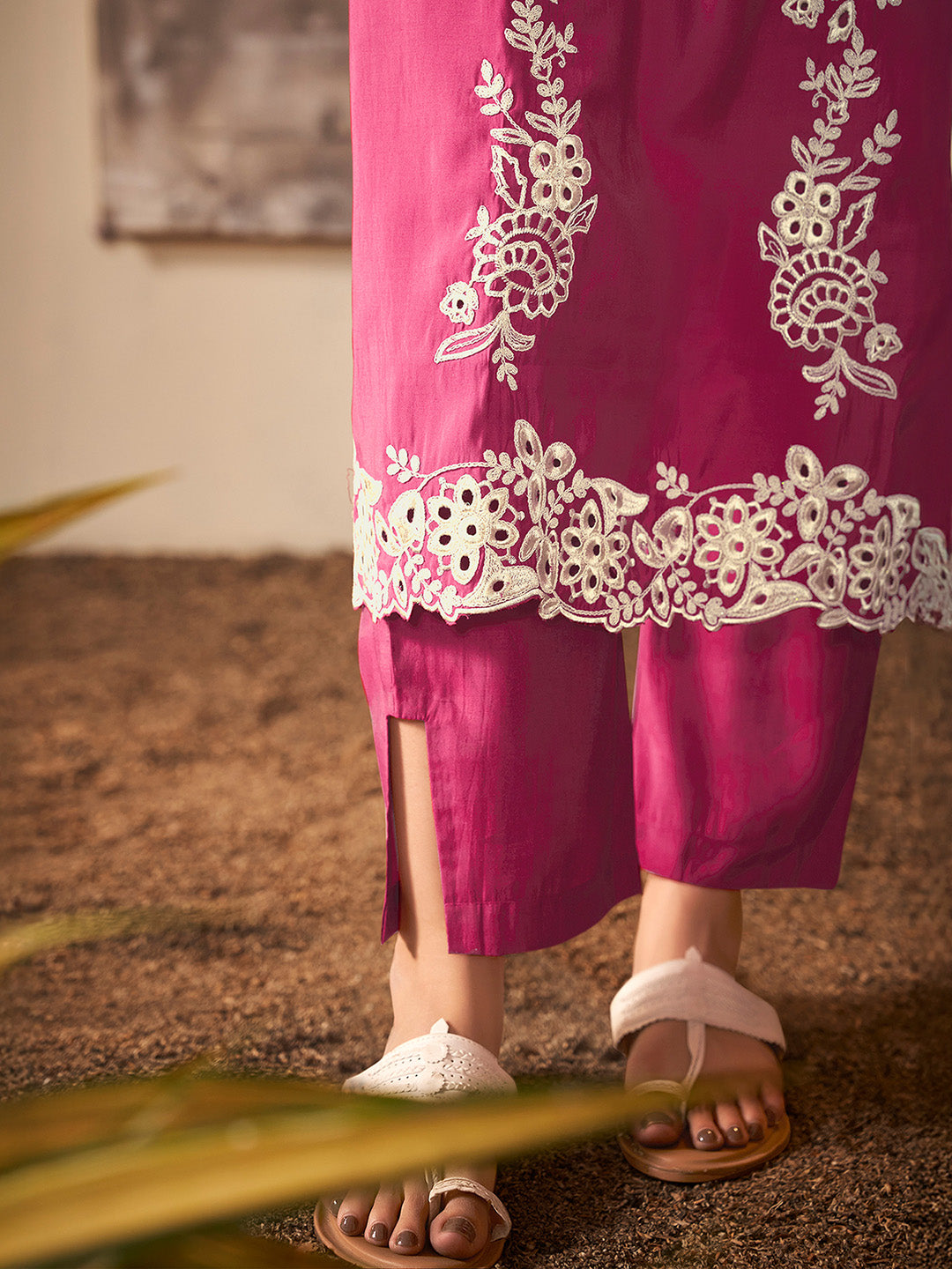 Magenta Silk Blend Schiffli Embroidered Straight Kurta Set