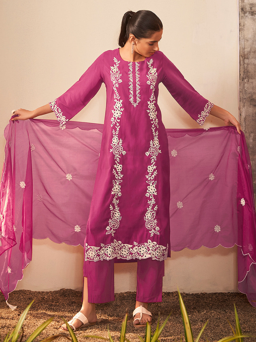 Magenta Silk Blend Schiffli Embroidered Straight Kurta Set