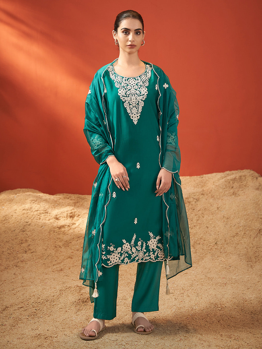 Green Silk Blend Schiffli Embroidered Straight Kurta Set