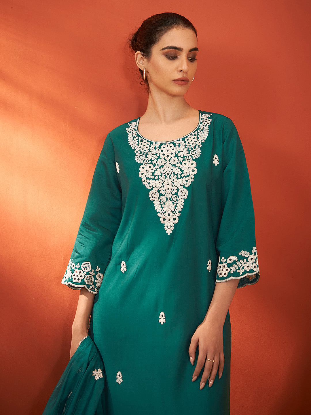 Green Silk Blend Schiffli Embroidered Straight Kurta Set