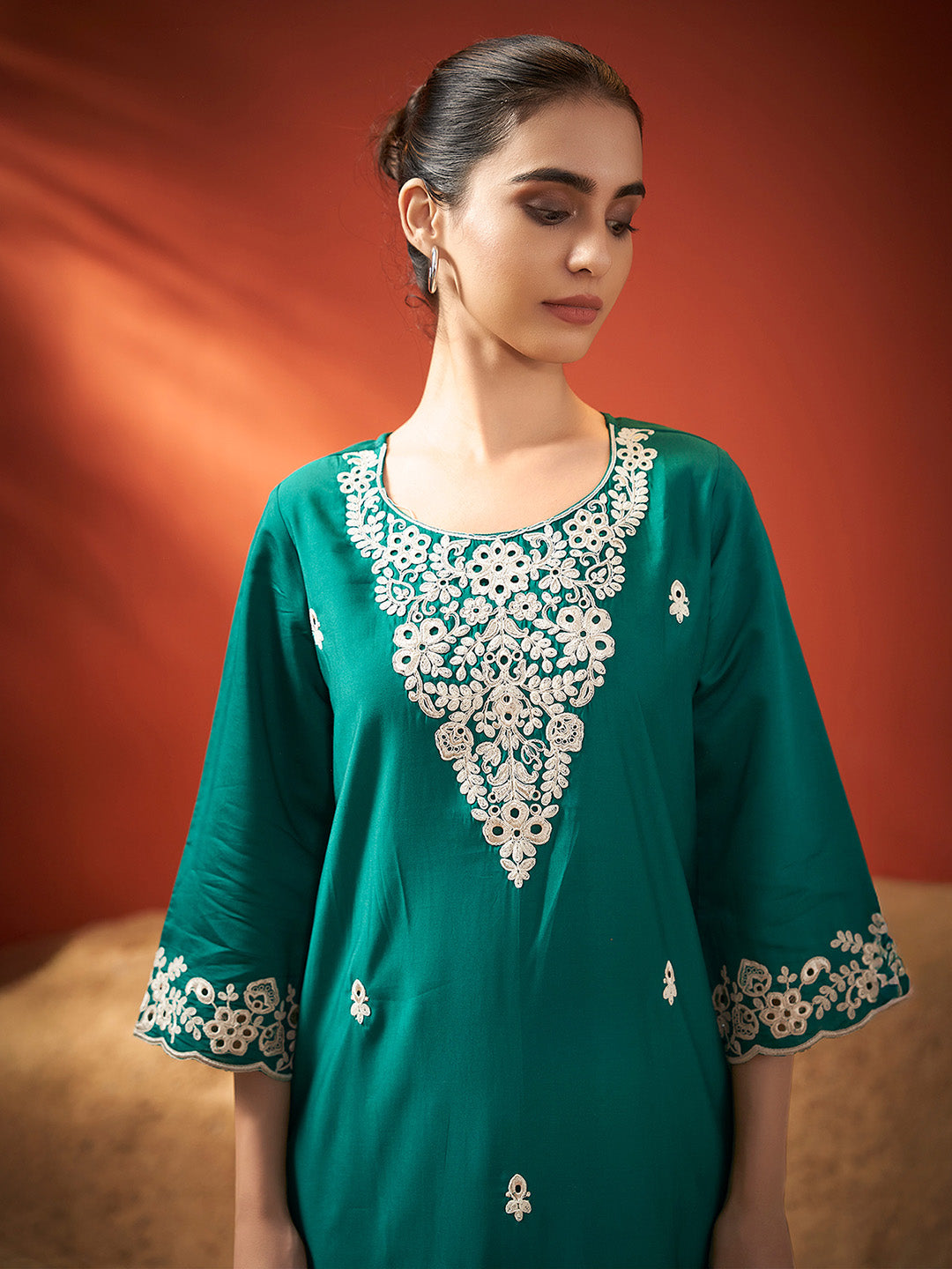 Green Silk Blend Schiffli Embroidered Straight Kurta Set