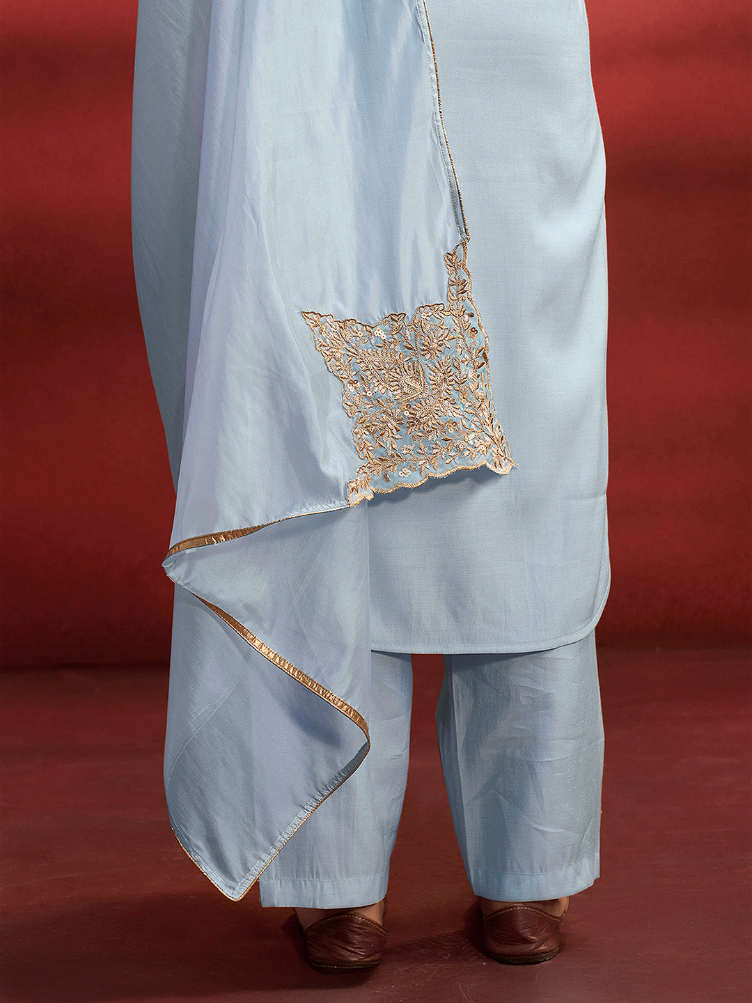 Light Blue Silk Blend Embroidered Straight Kurta Set