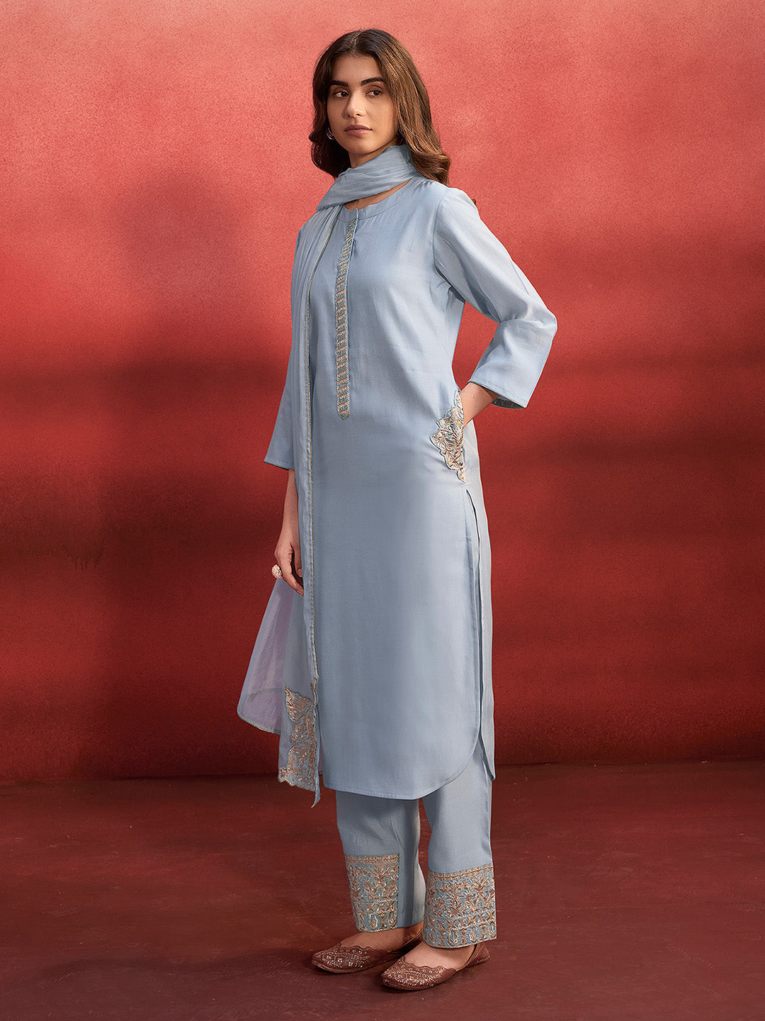 Light Blue Silk Blend Embroidered Straight Kurta Set