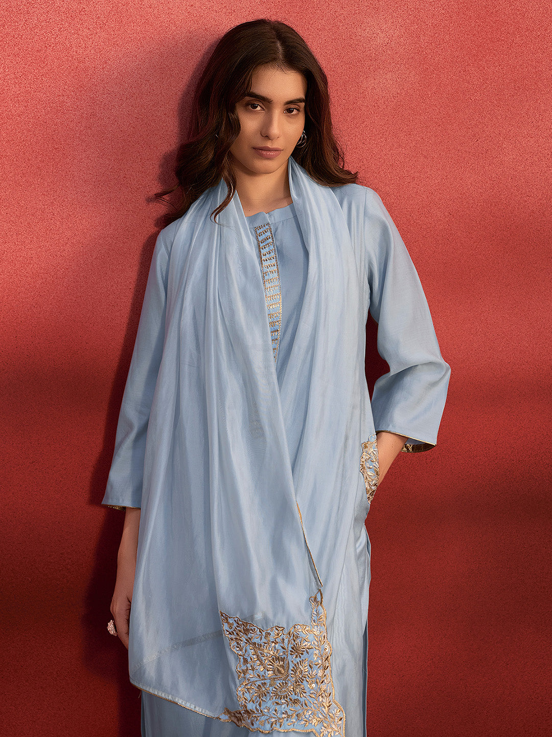 Light Blue Silk Blend Embroidered Straight Kurta Set