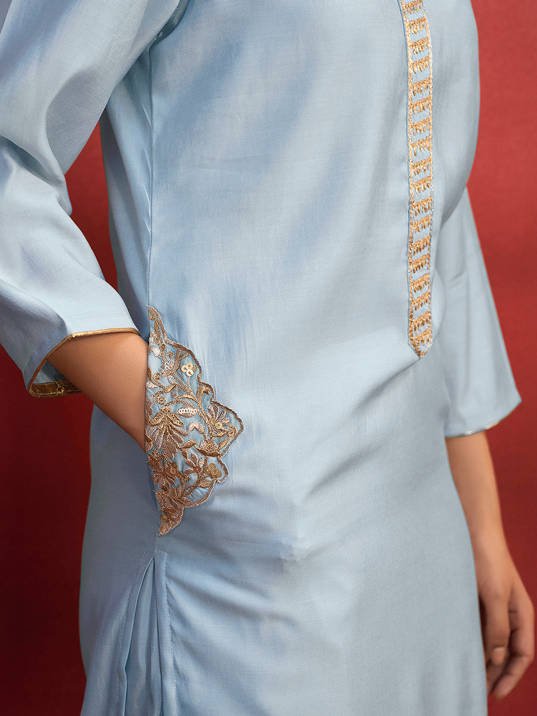 Light Blue Silk Blend Embroidered Straight Kurta Set