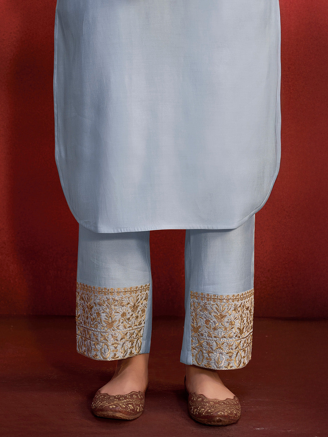 Light Blue Silk Blend Embroidered Straight Kurta Set