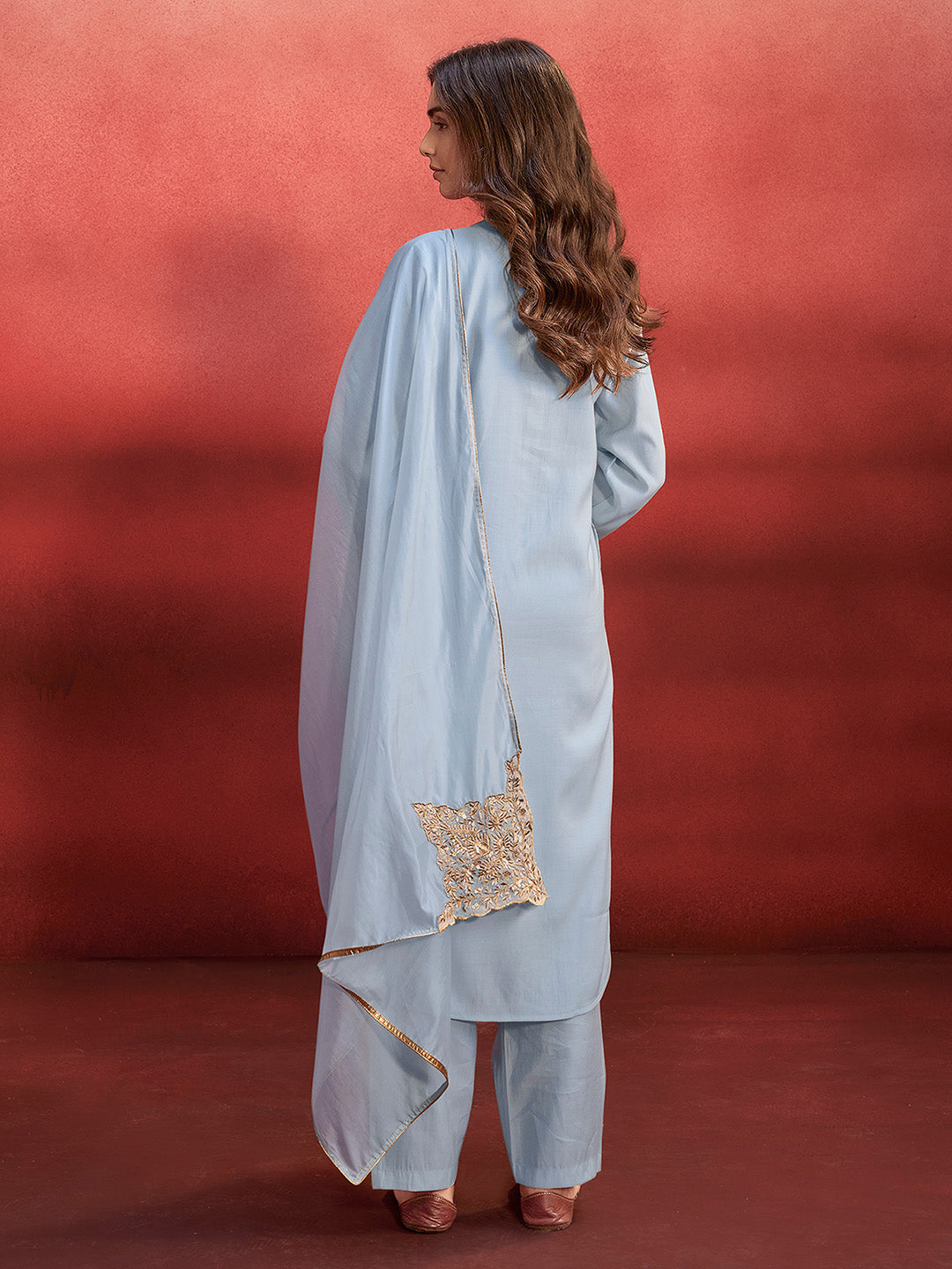 Light Blue Silk Blend Embroidered Straight Kurta Set