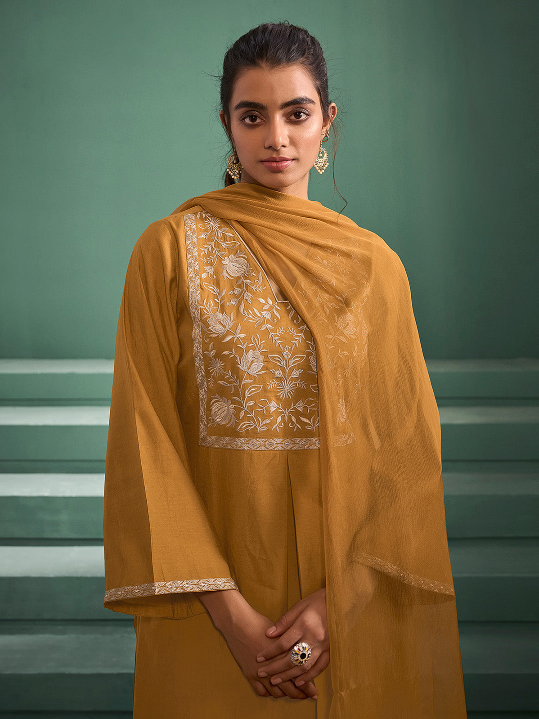 Mustard Silk Blend Embroidered A-Line Kurta Set