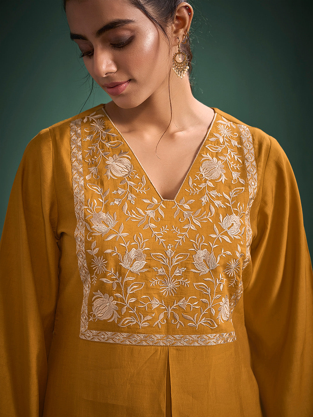 Mustard Silk Blend Embroidered A-Line Kurta Set