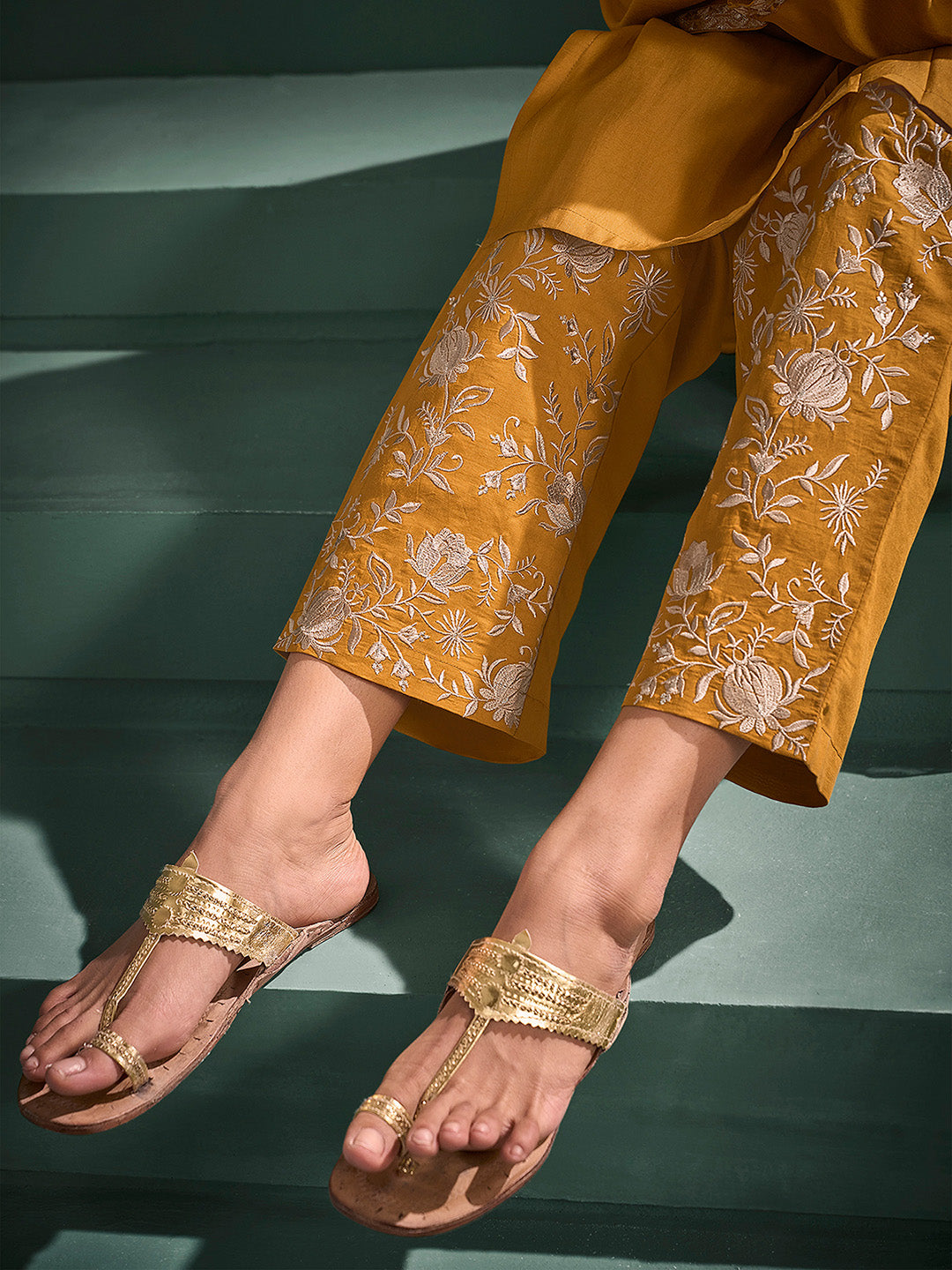 Mustard Silk Blend Embroidered A-Line Kurta Set